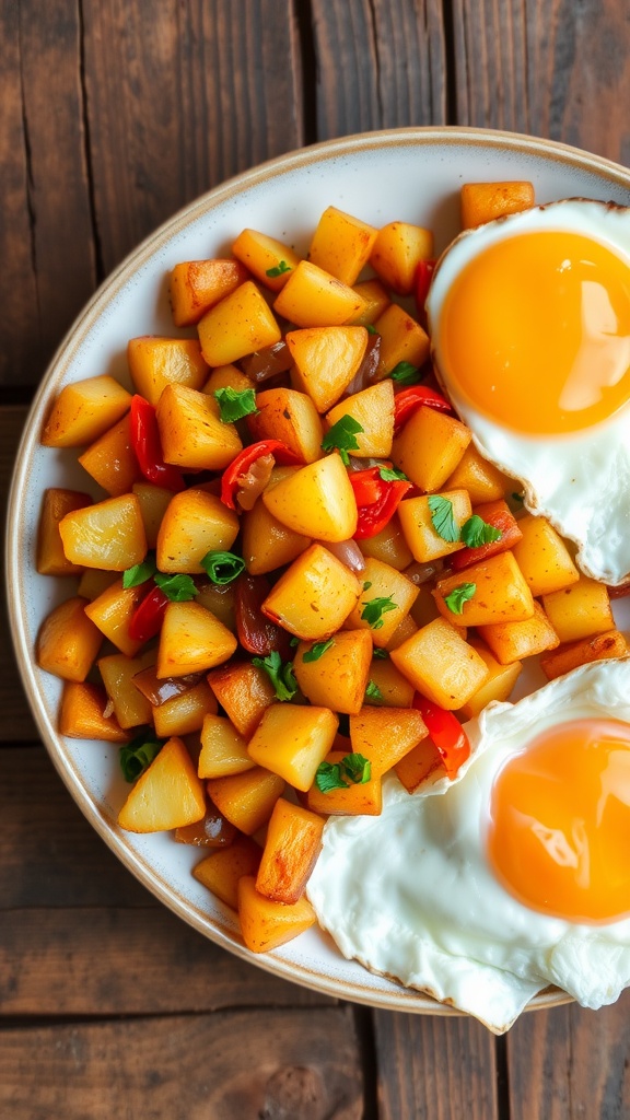 A delicious serving of crispy potato hash with colorful peppers and onions, topped with a sunny-side-up egg.